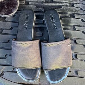 DKNY Black Slide Sandals with Metallic Accents